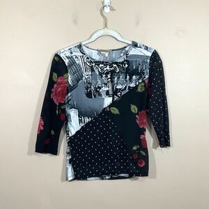 VTG Massini Womens Mixed Fabric Shirt S Black Y2K Indie Grunge Floral Polka Dot